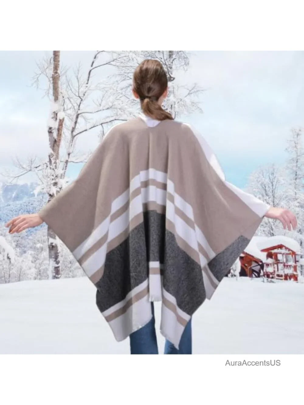 Plaid Shawl Wrap Open Front Poncho Cape Polyester Acrylic
